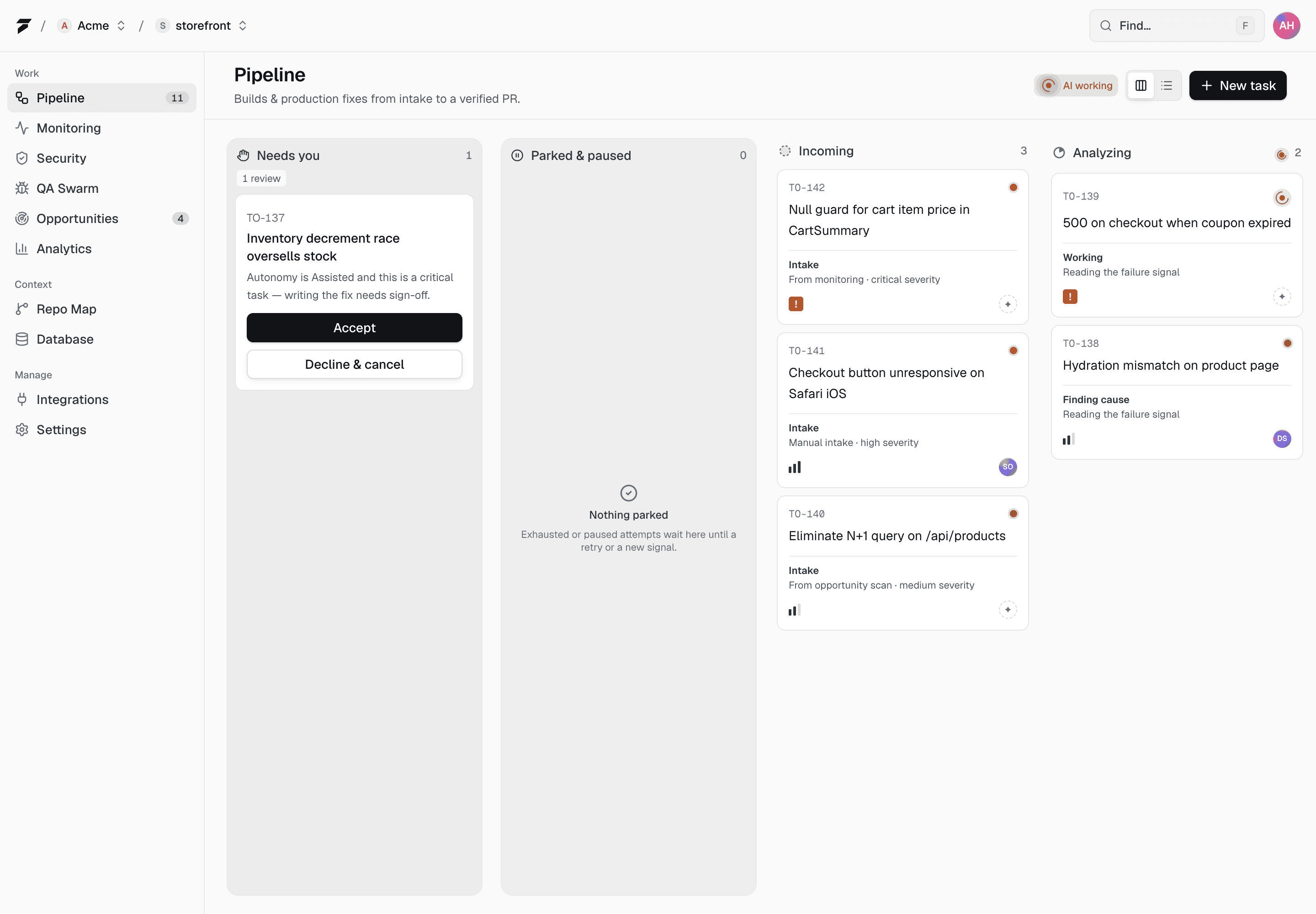 The To200 pipeline board — a task waiting on a human decision, then errors moving through Incoming and Analyzing toward a reviewed pull request.